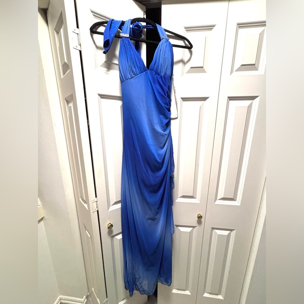 Y2K Homecoming Prom Sparkly Ombré Blue Halter Dress